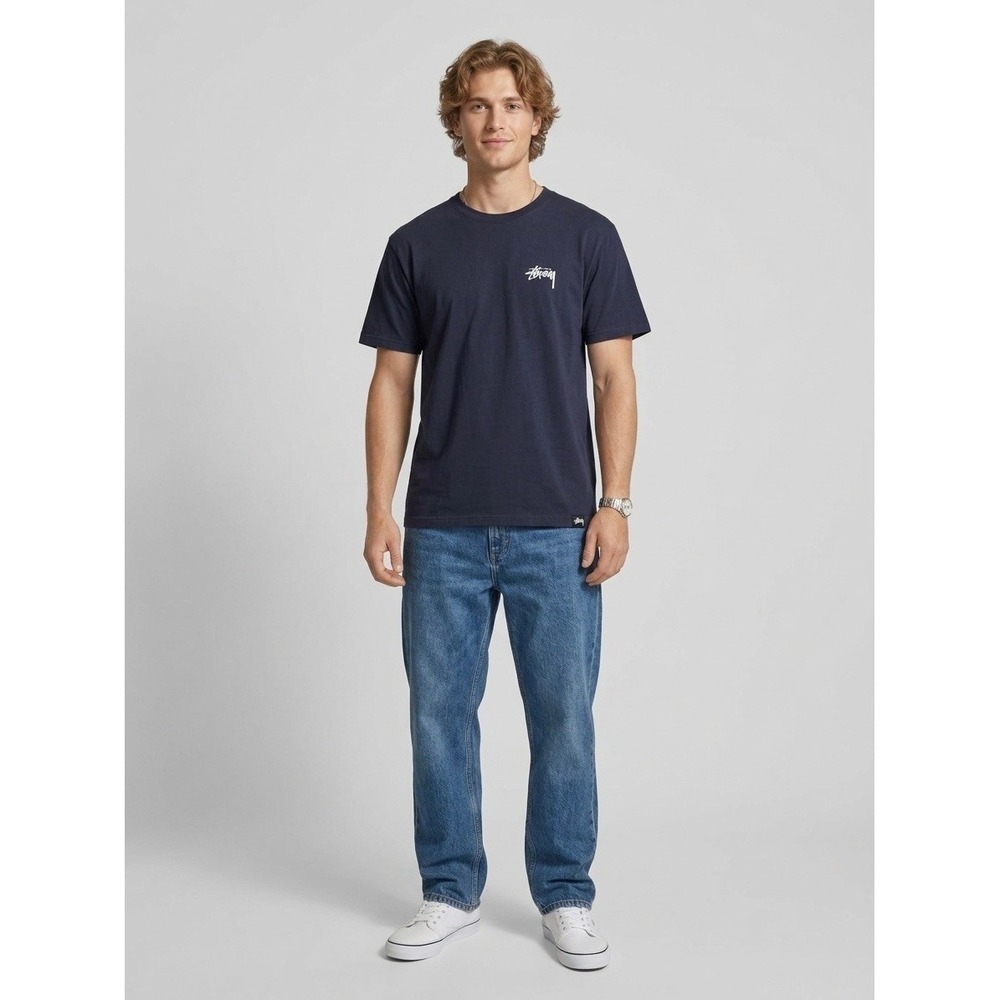 Stussy Navy Blue Embroidered Script Logo Cotton T-Shirt Mens Size Large
